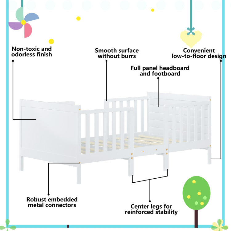 2-in-1 Convertible Wooden Toddler Bed with Guardrails for Rooms and Kindergartens