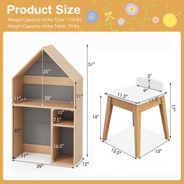 2-in-1 Kids House-Shaped Reading Studying Table and Chair Set with Anti-toppling Device