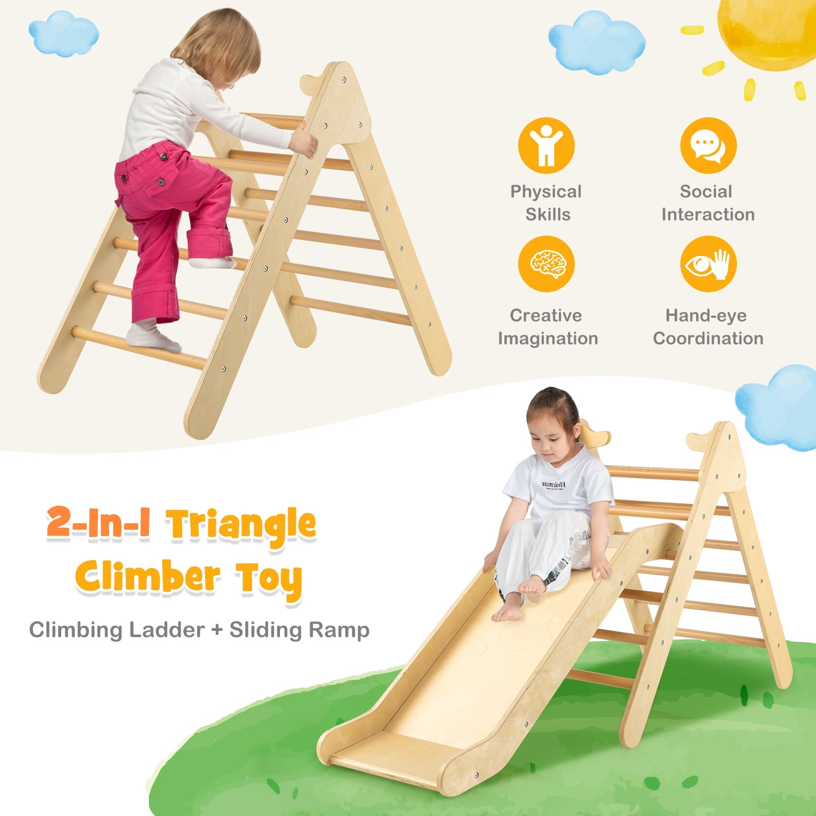 2-in-1 Wooden Triangle Climber Set with Adjustable Slide for Kids