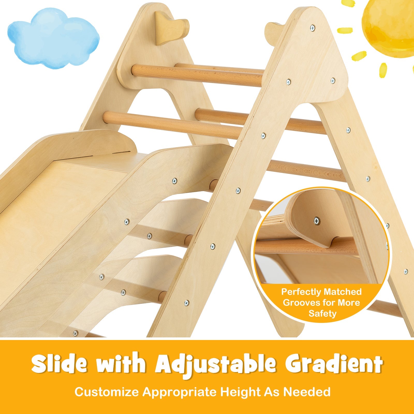 2-in-1 Wooden Triangle Climber Set with Adjustable Slide for Kids