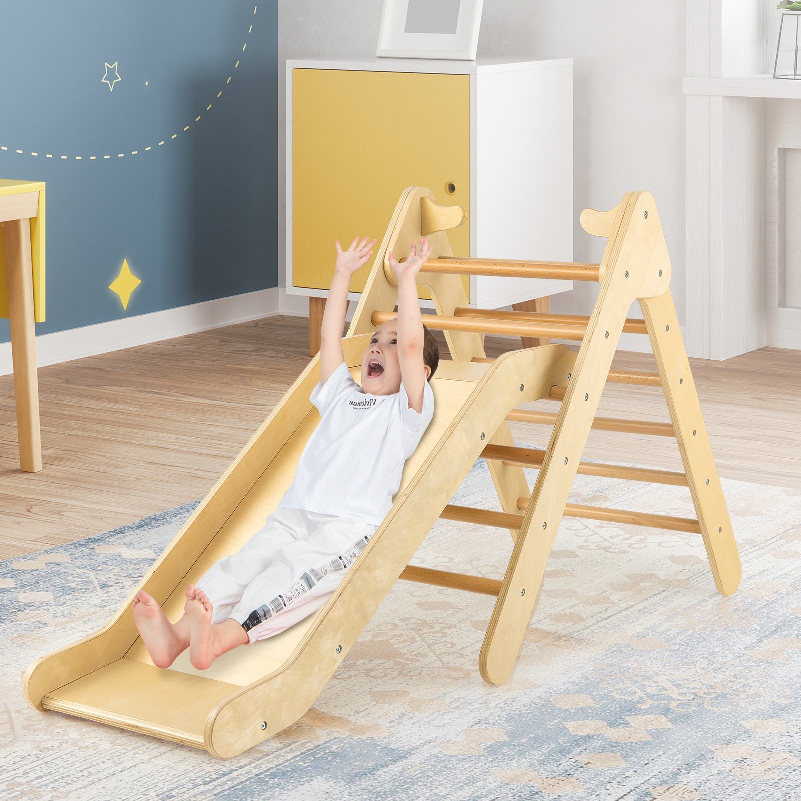 2-in-1 Wooden Triangle Climber Set with Adjustable Slide for Kids