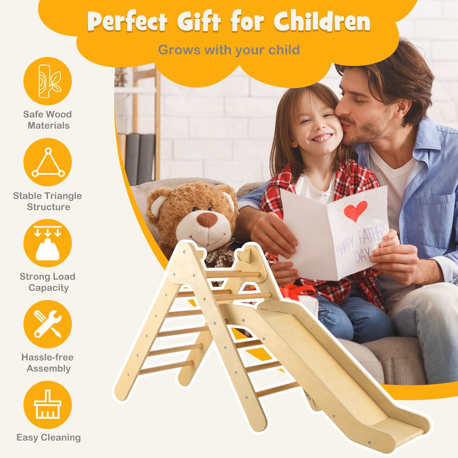 2-in-1 Wooden Triangle Climber Set with Adjustable Slide for Kids