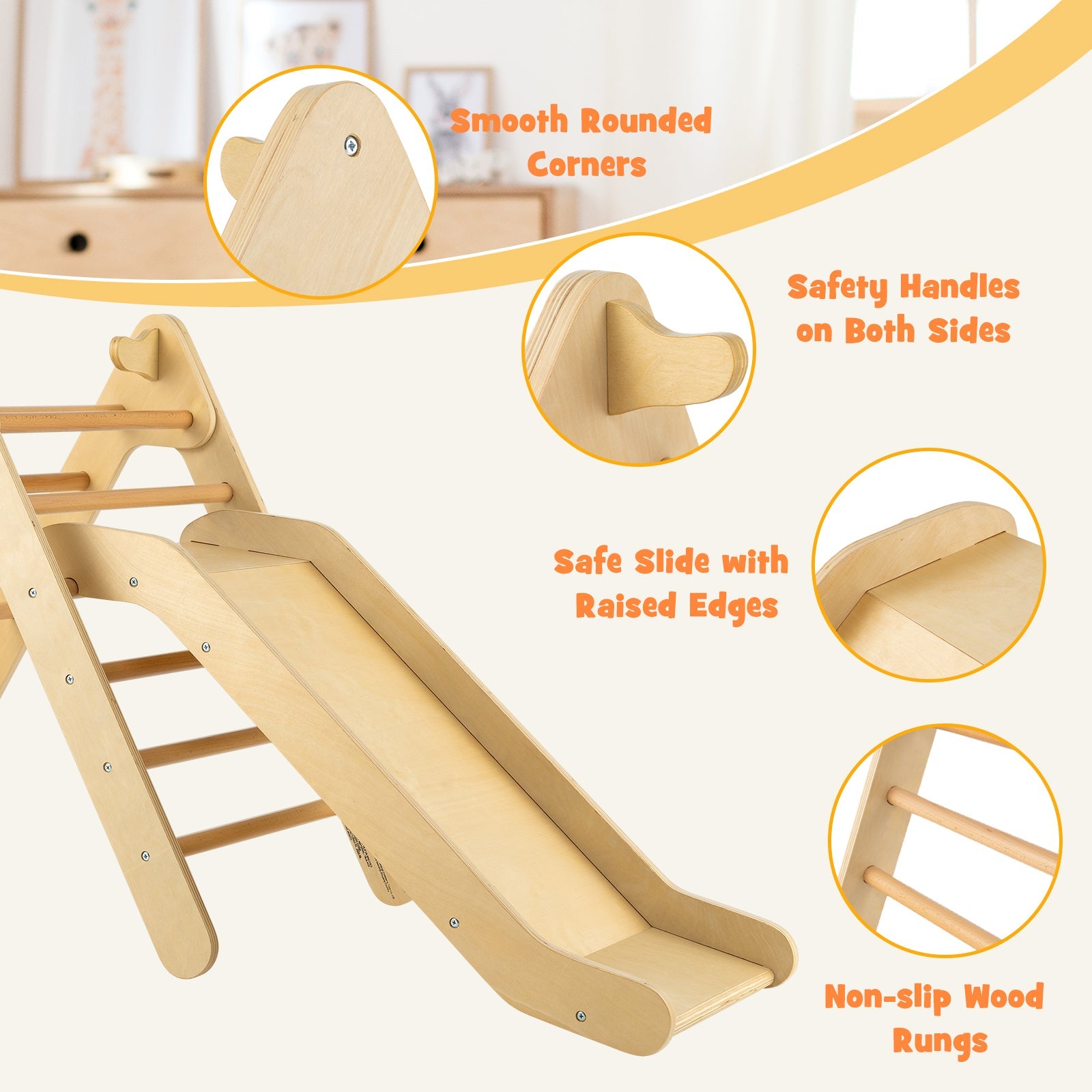 2-in-1 Wooden Triangle Climber Set with Adjustable Slide for Kids