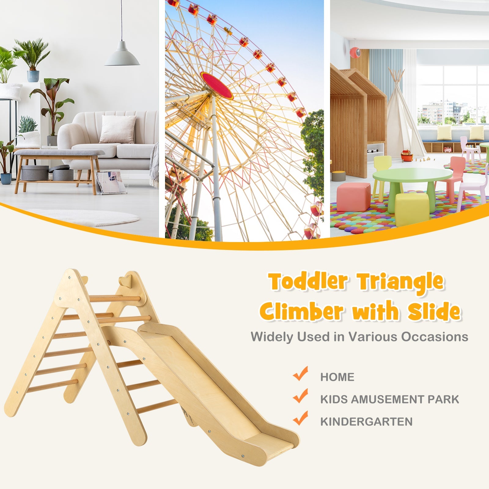 2-in-1 Wooden Triangle Climber Set with Adjustable Slide for Kids