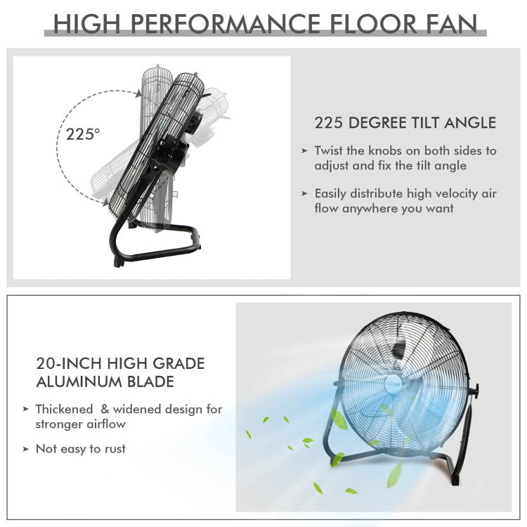 20 Inch High Force Floor Fan with 3 Speeds for Garages and Factories