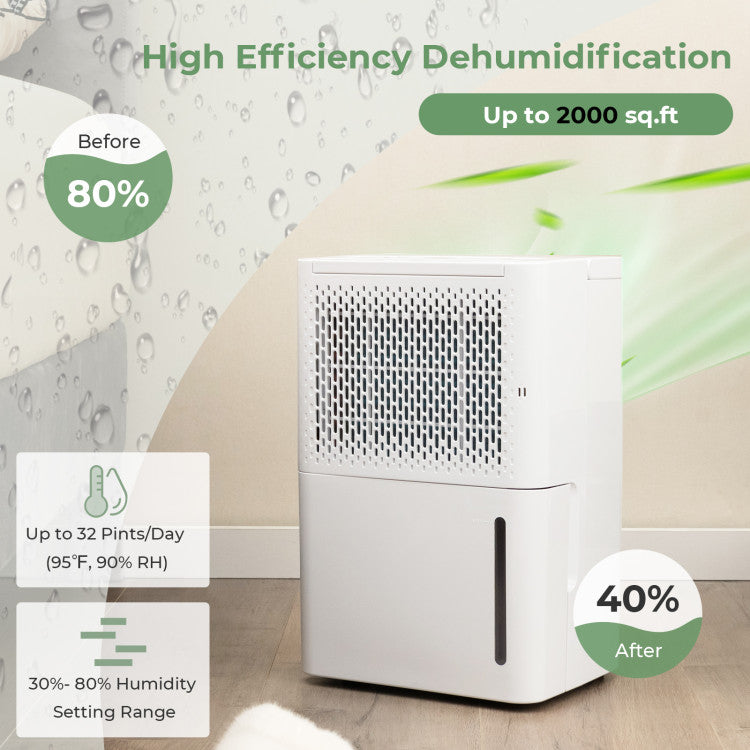 2000 Sq. Ft 32 Pint Dehumidifier with Continuous/Drying/Auto Mode and Water Full Auto Shut Off