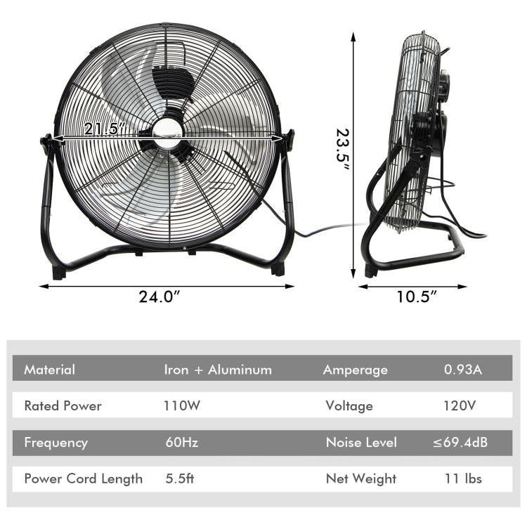 20 Inch High Force Floor Fan with 3 Speeds for Garages and Factories