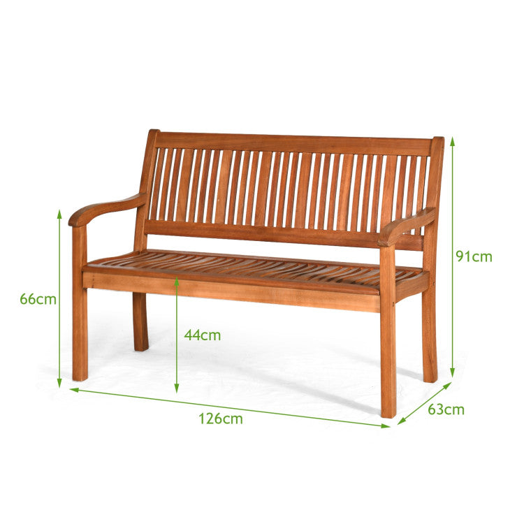 2 Person Solid Wood Garden Bench Patio Chair with Curved Backrest and Wide Armrest