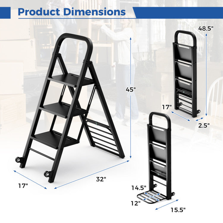 2 in 1 Folding Hand Truck and Ladder Combo with Rubber Wheels and Handle