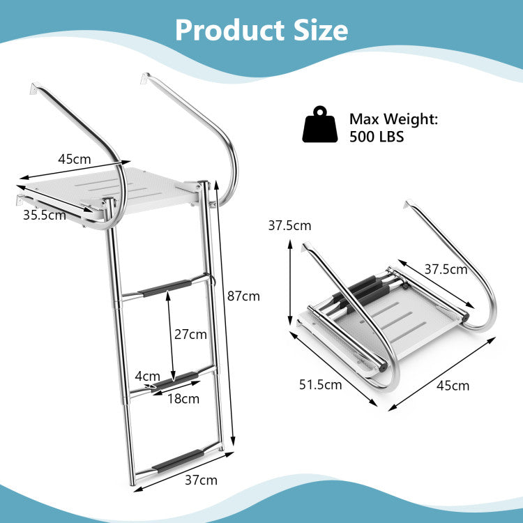 3-Step Folding Telescoping Boat Ladder with Anti-Slip Pedals and Handrails