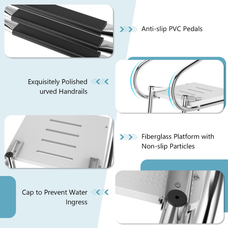 3-Step Folding Telescoping Boat Ladder with Anti-Slip Pedals and Handrails