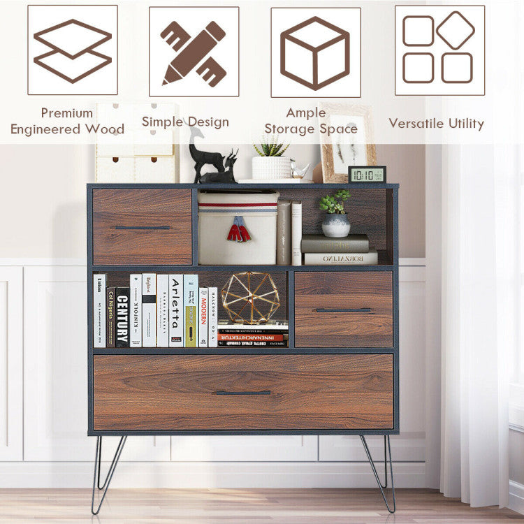 3-Tier Wood Storage Cabinet with 3 Drawers for Living Room