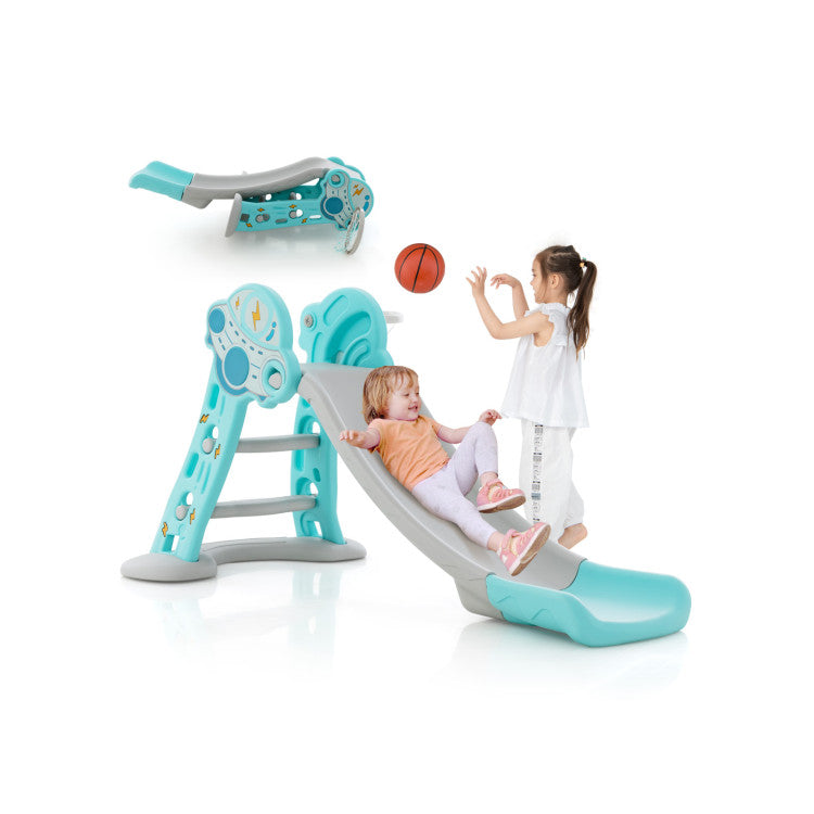 3-in-1 Folding Slide Playset with Basketball Hoop and Basketball