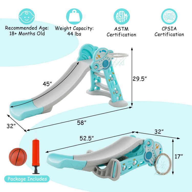 3-in-1 Folding Slide Playset with Basketball Hoop and Basketball