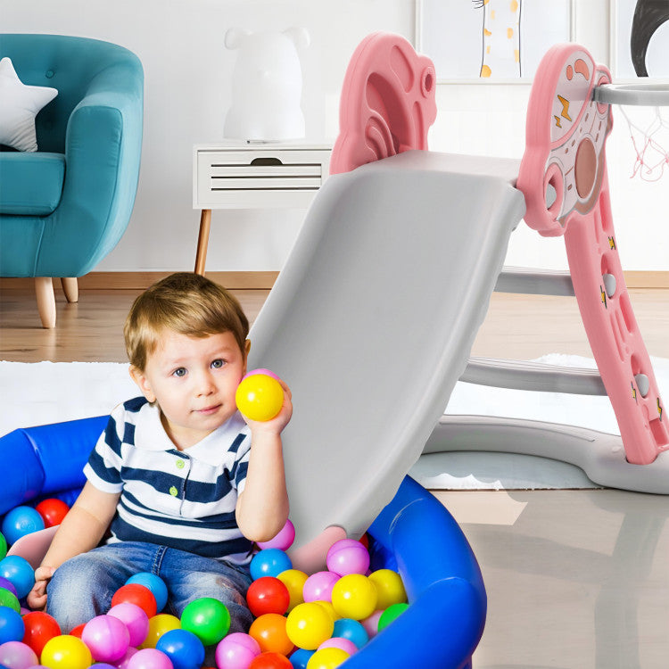 3-in-1 Folding Slide Playset with Basketball Hoop and Basketball