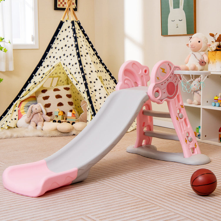 3-in-1 Folding Slide Playset with Basketball Hoop and Basketball