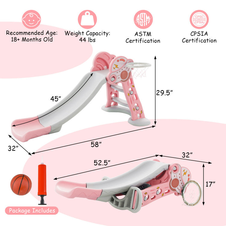 3-in-1 Folding Slide Playset with Basketball Hoop and Basketball