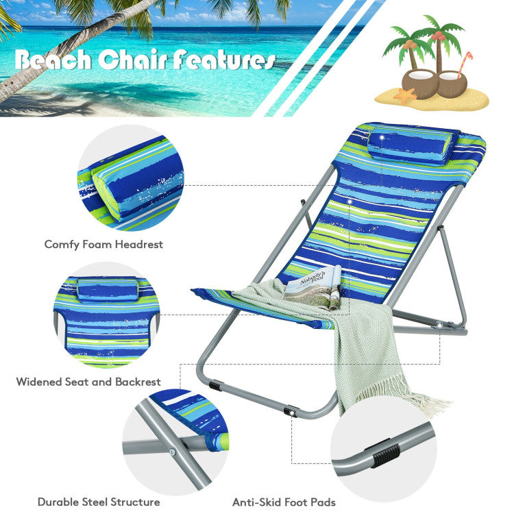 3-level Adjustable Portable Beach Chair Set of 2 with Headrest