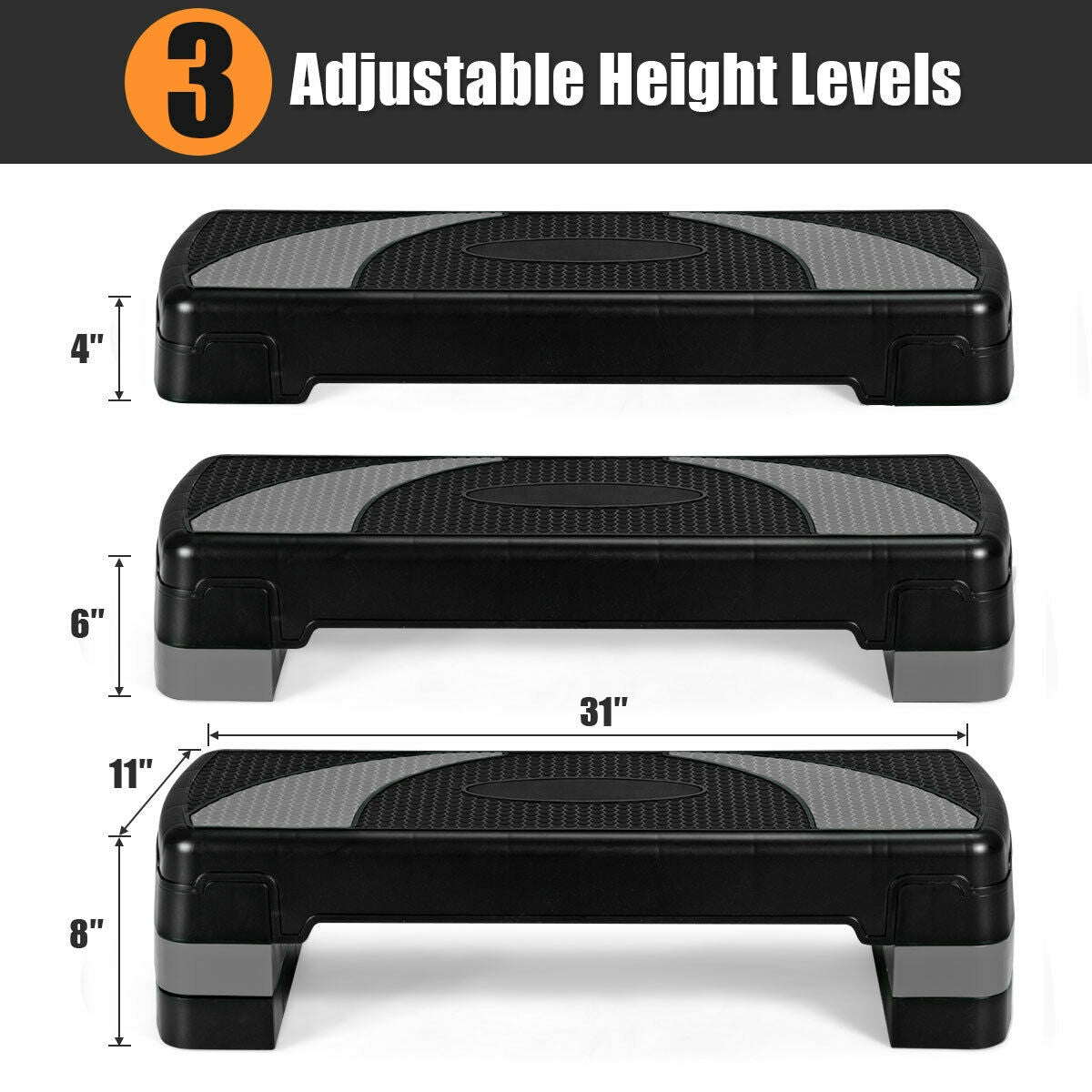 31 Inch 3-Level Adjustable Exercise Aerobic Stepper with Non-Slip Pads