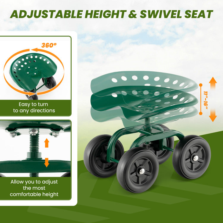 360° Swivel Garden Rolling Work seat with Adjustable Height