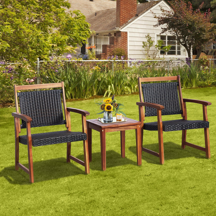 3 Pieces Acacia Rattan Bistro Set for Garden and Patio