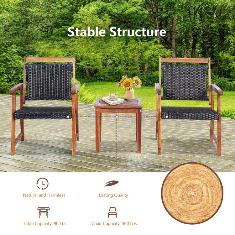 3 Pieces Acacia Rattan Bistro Set for Garden and Patio