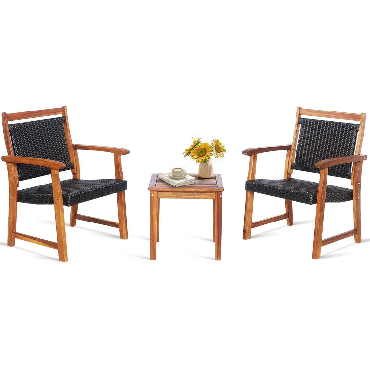 3 Pieces Acacia Rattan Bistro Set for Garden and Patio