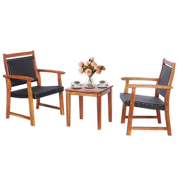 3 Pieces Acacia Rattan Bistro Set for Garden and Patio