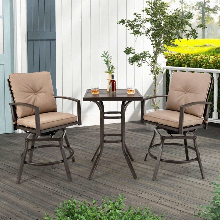 3 Pieces Outdoor Patio Swivel Bar Table Set with Removable Cushions