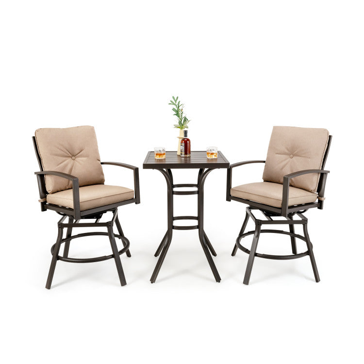 3 Pieces Outdoor Patio Swivel Bar Table Set with Removable Cushions