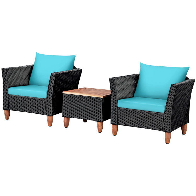 3 Pieces Outdoor Patio Wicker Coffee Table Furniture Set with Cushions