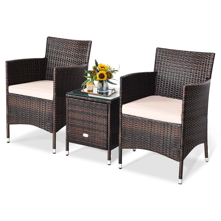 3 Pieces Rattan Coffee Table Chair Set Wicker Patio Conversation Set with Cushions