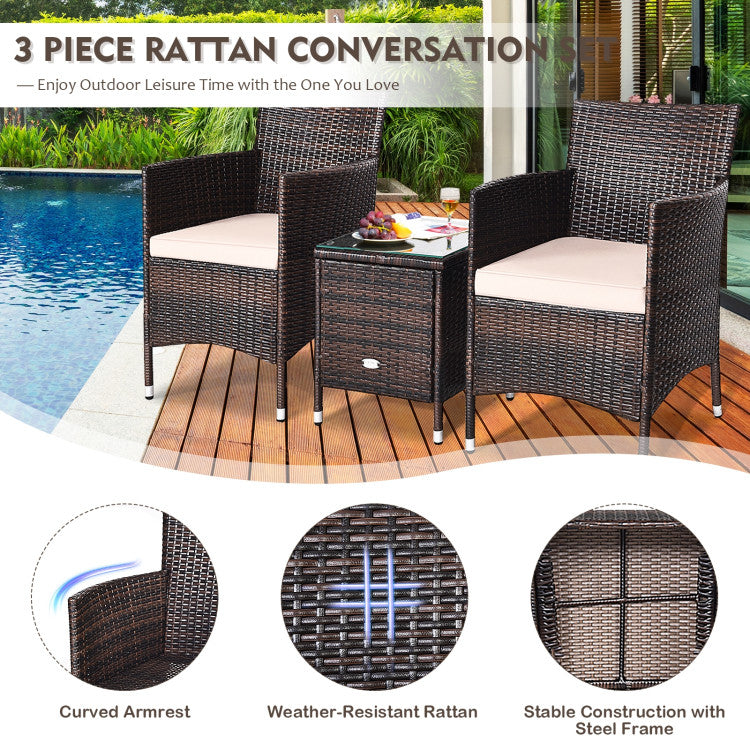 3 Pieces Rattan Coffee Table Chair Set Wicker Patio Conversation Set with Cushions