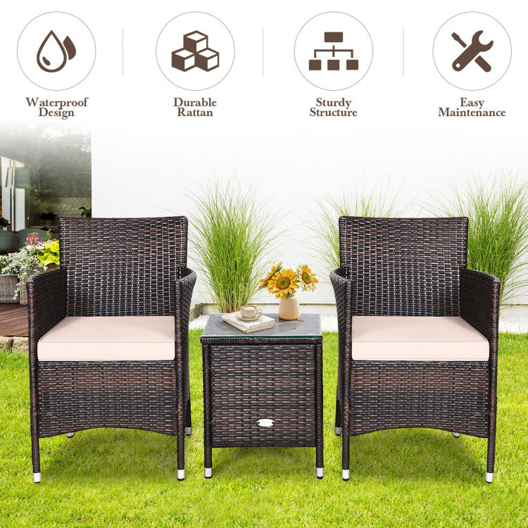 3 Pieces Rattan Coffee Table Chair Set Wicker Patio Conversation Set with Cushions