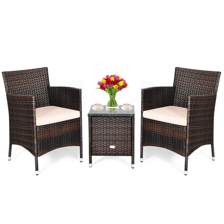 3 Pieces Rattan Coffee Table Chair Set Wicker Patio Conversation Set with Cushions