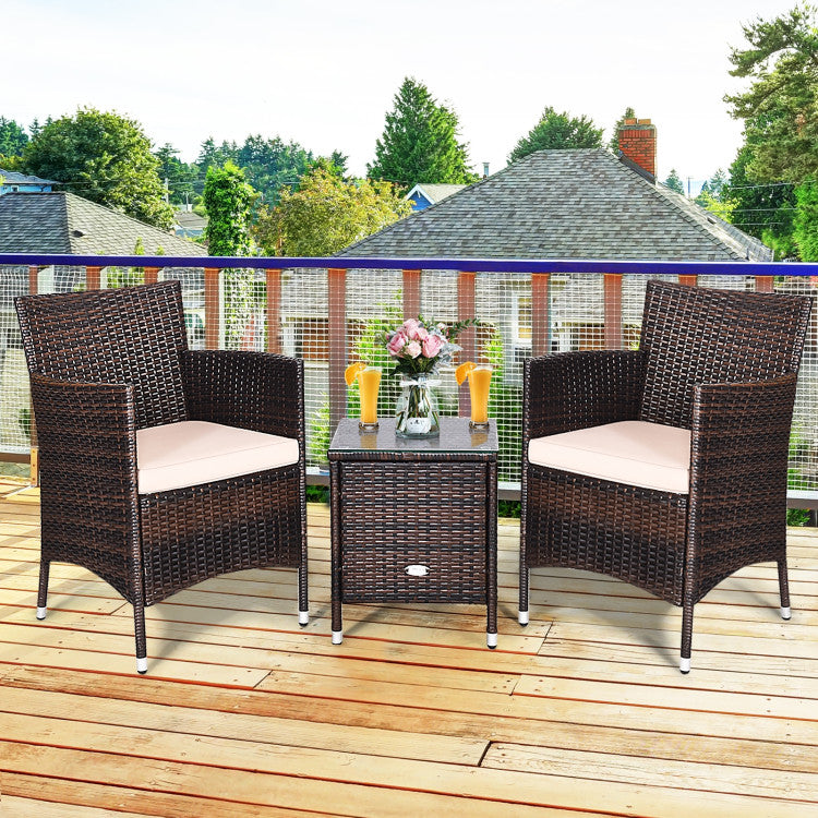 3 Pieces Rattan Coffee Table Chair Set Wicker Patio Conversation Set with Cushions