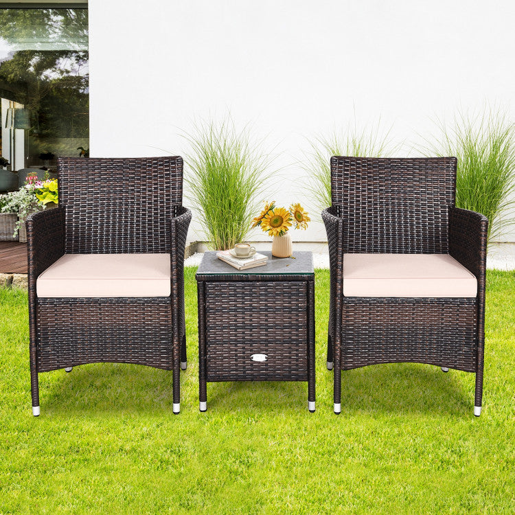 3 Pieces Rattan Coffee Table Chair Set Wicker Patio Conversation Set with Cushions