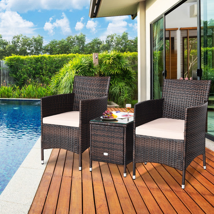 3 Pieces Rattan Coffee Table Chair Set Wicker Patio Conversation Set with Cushions