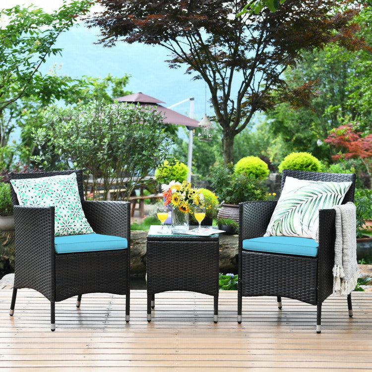 3 Pieces Rattan Coffee Table Chair Set Wicker Patio Conversation Set with Cushions