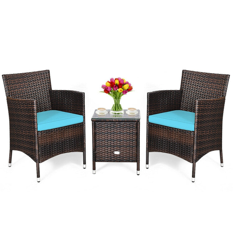 3 Pieces Rattan Coffee Table Chair Set Wicker Patio Conversation Set with Cushions