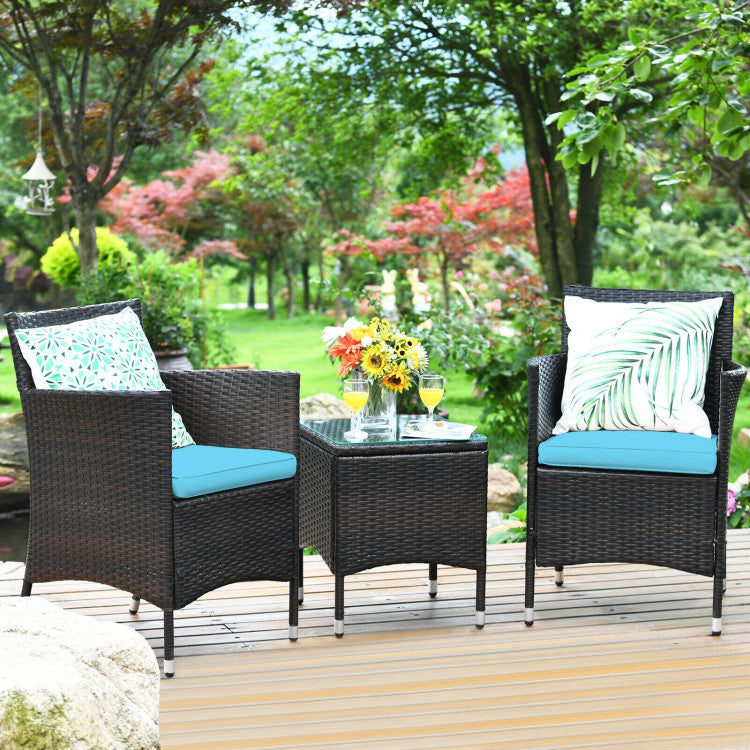 3 Pieces Rattan Coffee Table Chair Set Wicker Patio Conversation Set with Cushions