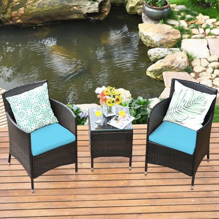 3 Pieces Rattan Coffee Table Chair Set Wicker Patio Conversation Set with Cushions