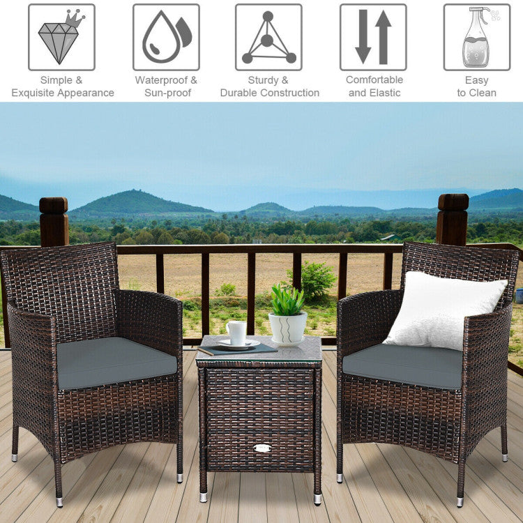 3 Pieces Rattan Coffee Table Chair Set Wicker Patio Conversation Set with Cushions