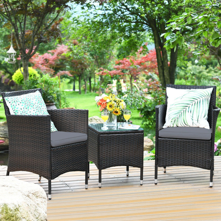 3 Pieces Rattan Coffee Table Chair Set Wicker Patio Conversation Set with Cushions