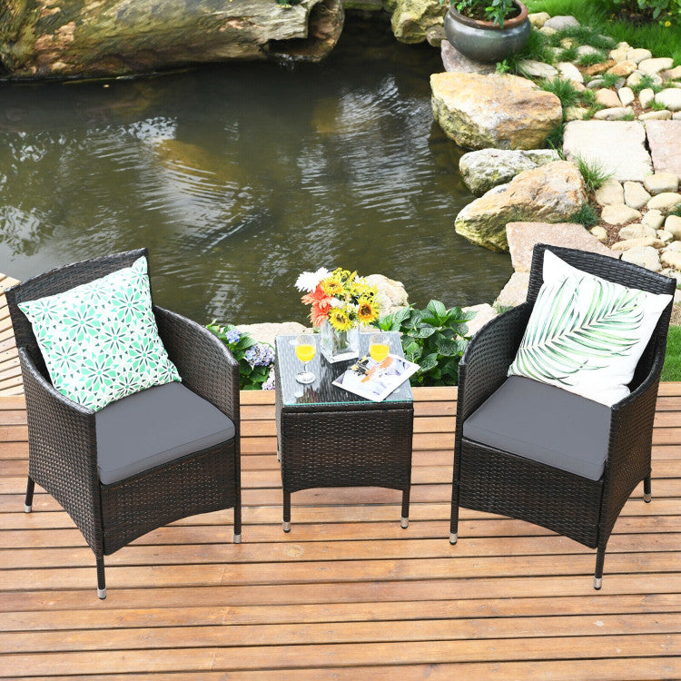 3 Pieces Rattan Coffee Table Chair Set Wicker Patio Conversation Set with Cushions