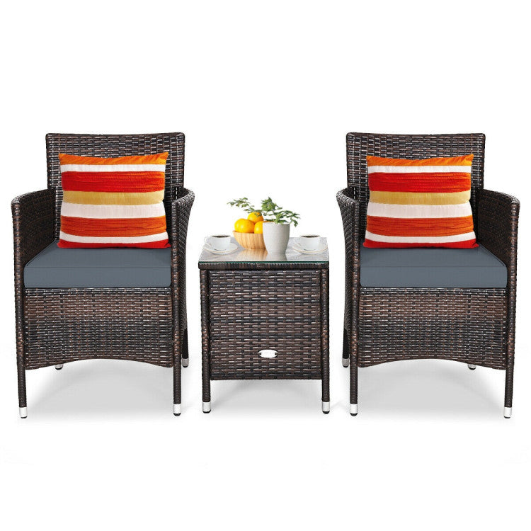 3 Pieces Rattan Coffee Table Chair Set Wicker Patio Conversation Set with Cushions