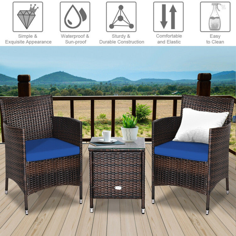 3 Pieces Rattan Coffee Table Chair Set Wicker Patio Conversation Set with Cushions