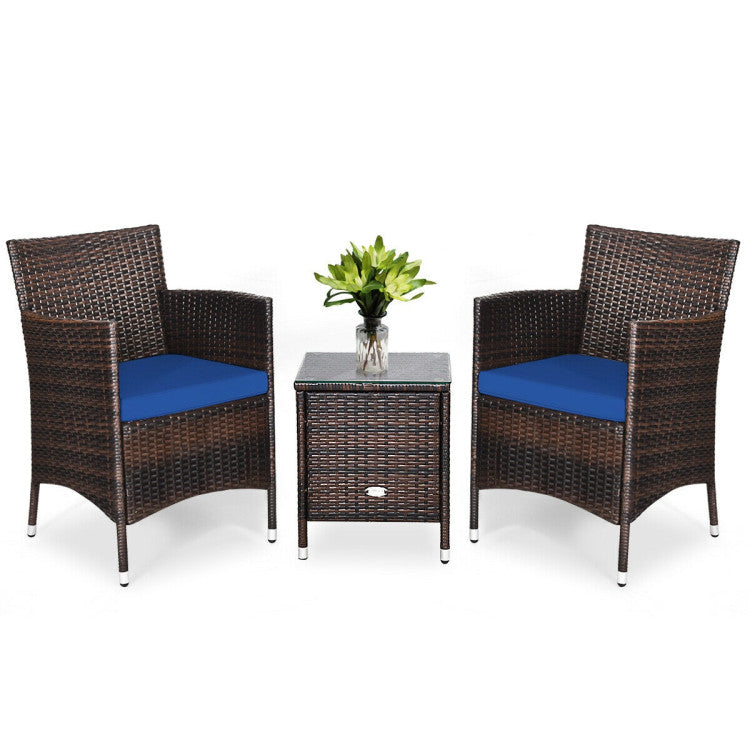 3 Pieces Rattan Coffee Table Chair Set Wicker Patio Conversation Set with Cushions