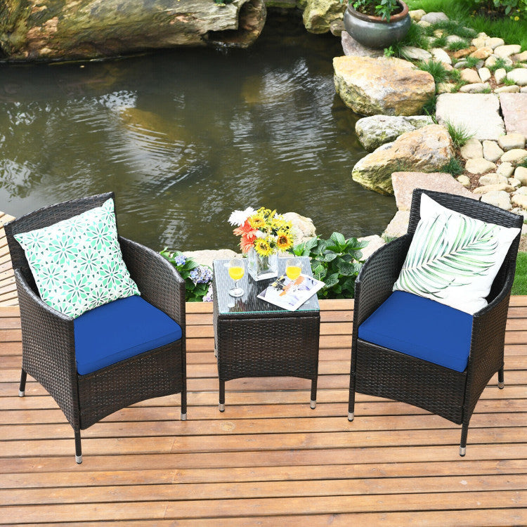 3 Pieces Rattan Coffee Table Chair Set Wicker Patio Conversation Set with Cushions