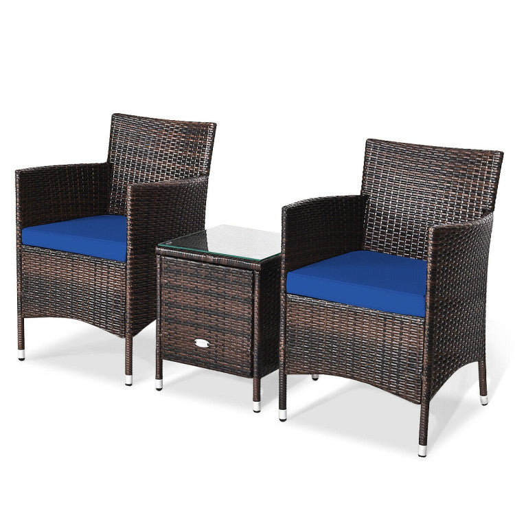 3 Pieces Rattan Coffee Table Chair Set Wicker Patio Conversation Set with Cushions